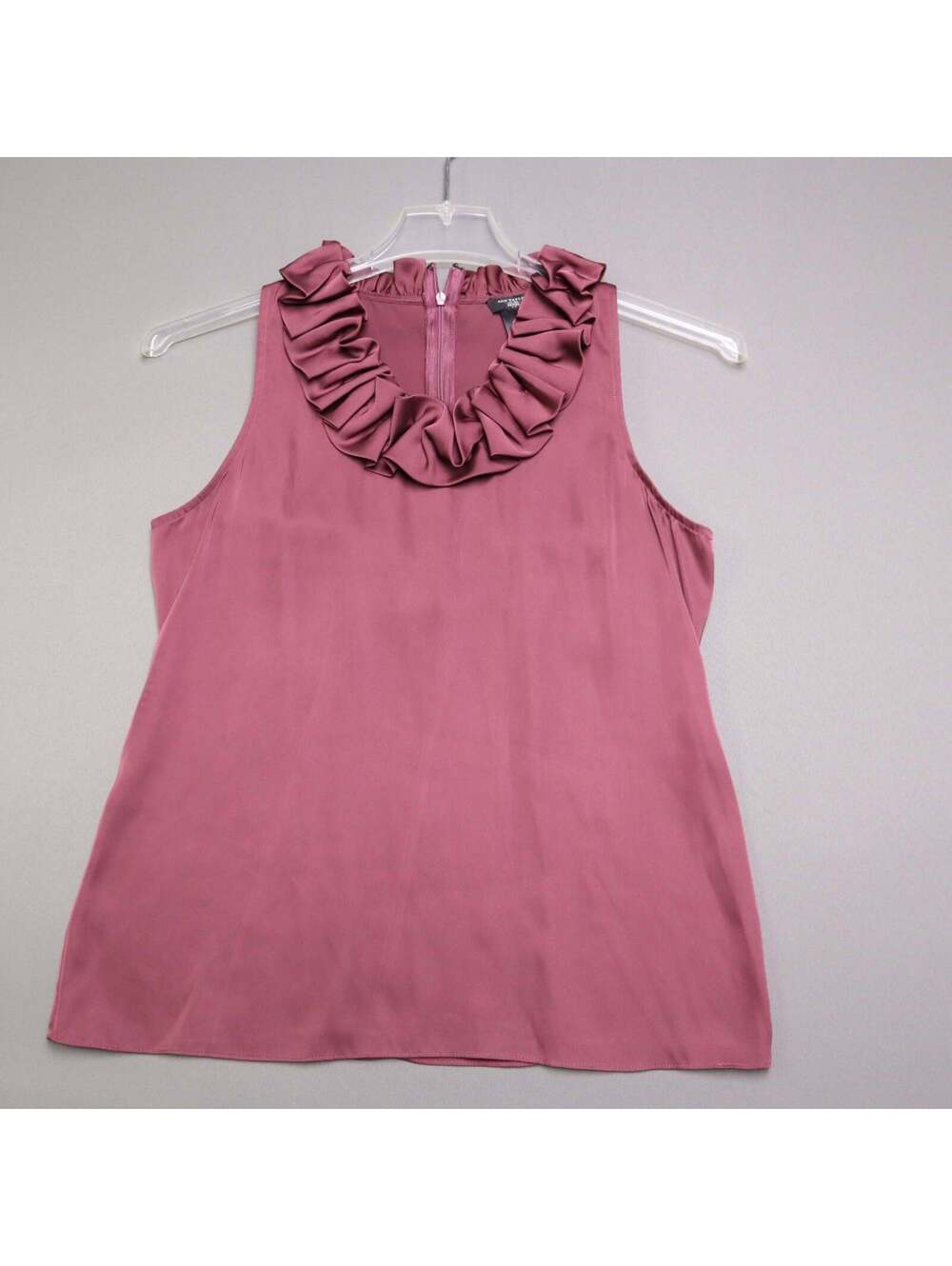 Ann Taylor Petite Ruffle Neck Sleeveless Blouse Mauve Plum Size 6P Satin Finish